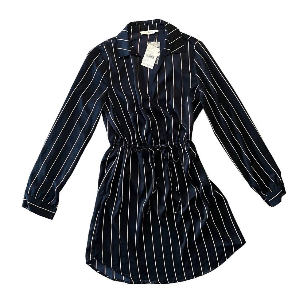 Lush Women's Navy Long Sleeve V Neck Pin Stripe Satin Mini Dress Size Small